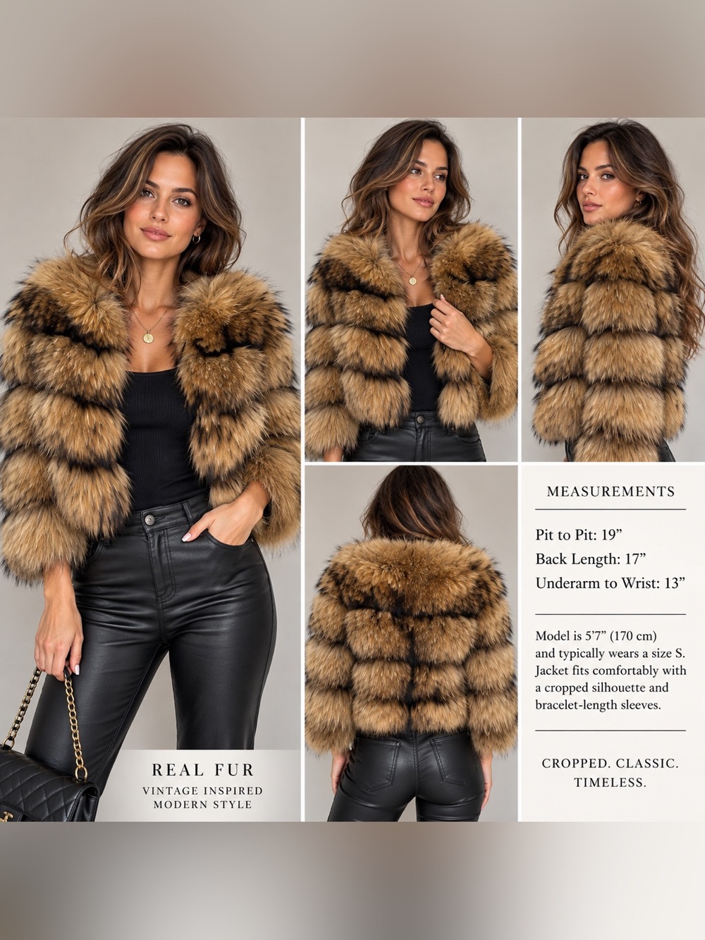 Genuine Real Fur Cropped Jacket Brown Tan Tiered Statement Coat